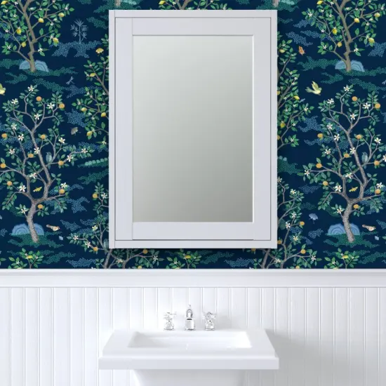 Pre-Pasted Wallpaper 2FT Wide Orchard Toile Green Blue Birds Tree Large Scale Oranges Lemons Toile Chinoiserie Scenic Fruit Citrus Grove Custom Pre-pasted Wallpaper by Spoonflower {6}