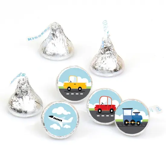 Big Dot of Happiness Cars, Trains, and Airplanes - Transportation Birthday Round Candy Sticker Favors - Labels Fits Chocolate Candy (1 sheet of 108) {1}