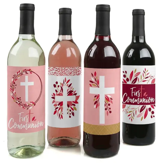 Big Dot of Happiness First Communion Pink Elegant Cross - Girl Religious Party Decorations for Women and Men - Wine Bottle Label Stickers - Set of 4 {1}