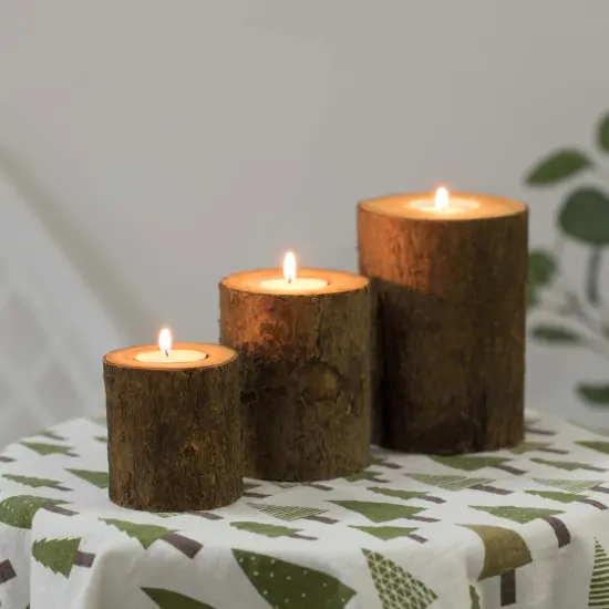Bark Wooden Pillar Tree Stump Tea Light Rustic Candle Holder - Set of 3 {5}