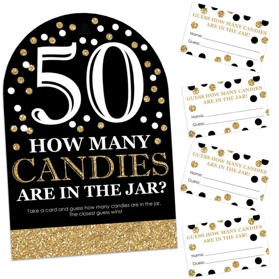 Big Dot of Happiness Adult 50th Birthday - Gold - How Many Candies Birthday Party Game - 1 Stand and 40 Cards - Candy Guessing Game {1}