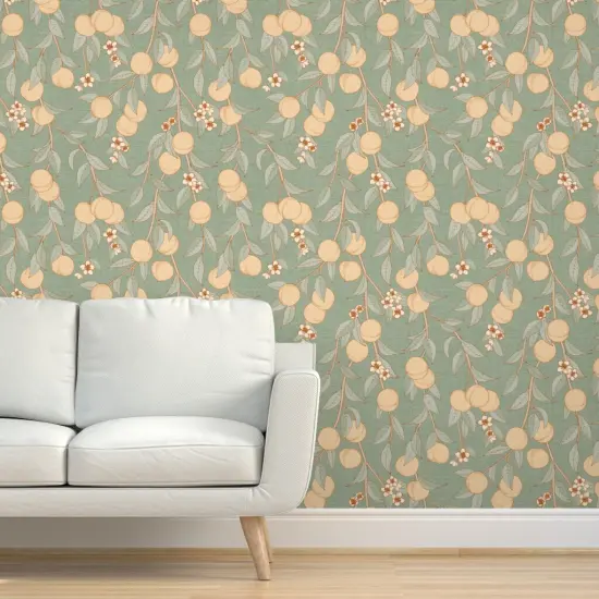 Pre-Pasted Wallpaper 2FT Wide Chinoiserie Orchard Vintage Botanical Peaches Nectarines Antique Custom Pre-pasted Wallpaper by Spoonflower {5}