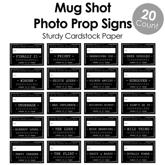 Big Dot of Happiness Finally 21 - 21st Birthday Party Mug Shots - Birthday Photo Booth Props Party Mugshot Signs - 20 Count {6}