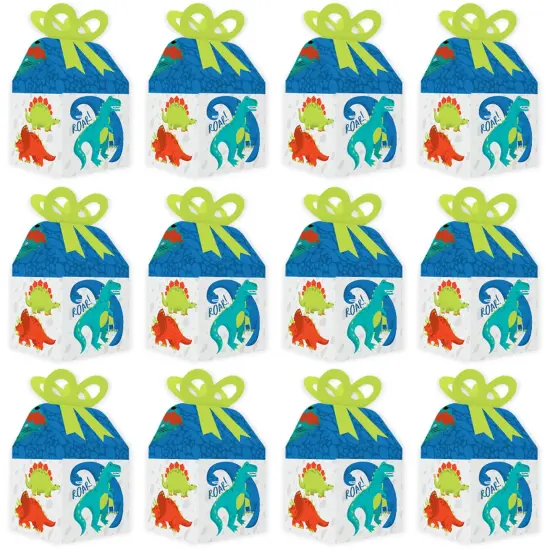 Big Dot of Happiness Roar Dinosaur - Square Favor Gift Boxes - Dino Mite Trex Baby Shower or Birthday Party Bow Boxes - Set of 12 {6}