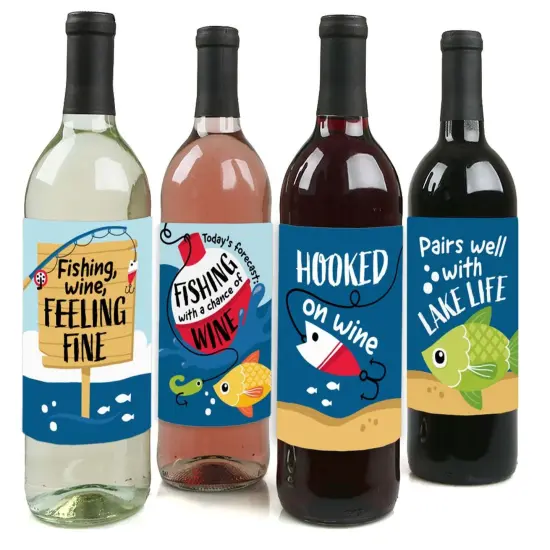Big Dot of Happiness Let's Go Fishing - Fish Themed Birthday Party or Baby Shower Decorations for Women & Men - Wine Bottle Label Stickers - Set of 4 {1}