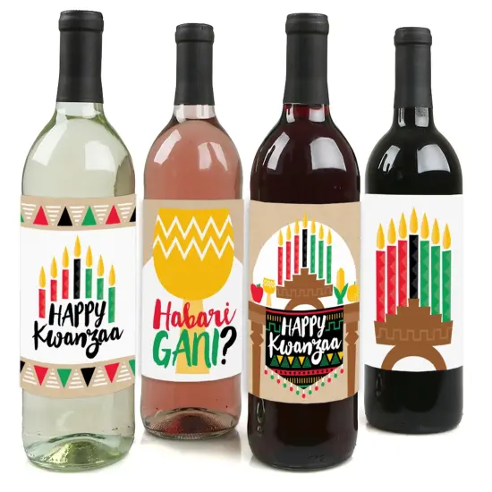Big Dot of Happiness Happy Kwanzaa - Heritage Holiday Party Decorations for Women and Men - Wine Bottle Label Stickers - Set of 4 {1}
