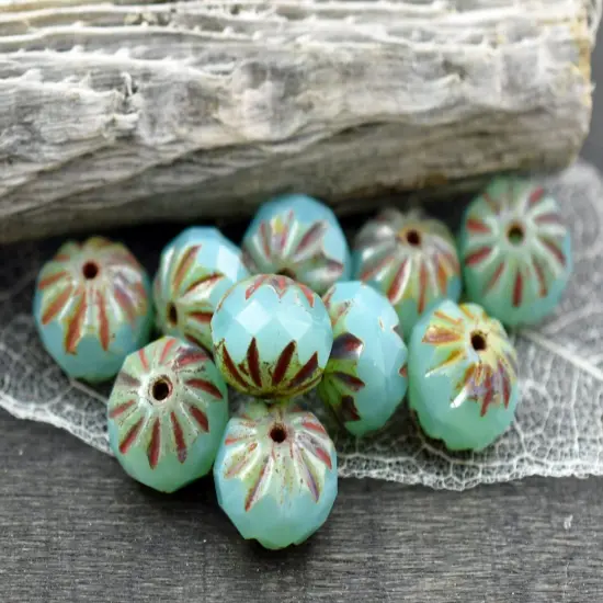 *25* 6x9mm Aqua Opal Picasso Fire Polish Cruller Rondelle Beads {3}