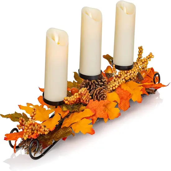 Ornativity Maple Leaves Candle Holder - Thanksgiving Fall Harvest Themed Candleholder Centerpiece Decorations with Pinecones and Acorns {1}