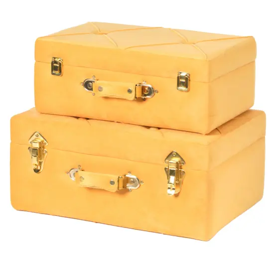 Decorative Tufted Velvet Suitcase Treasure Chest Set of 2 Yellow {5}
