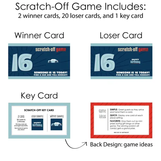 Big Dot of Happiness Boy 16th Birthday - Sweet Sixteen Birthday Party Game Scratch Off Cards - 22 Count {6}