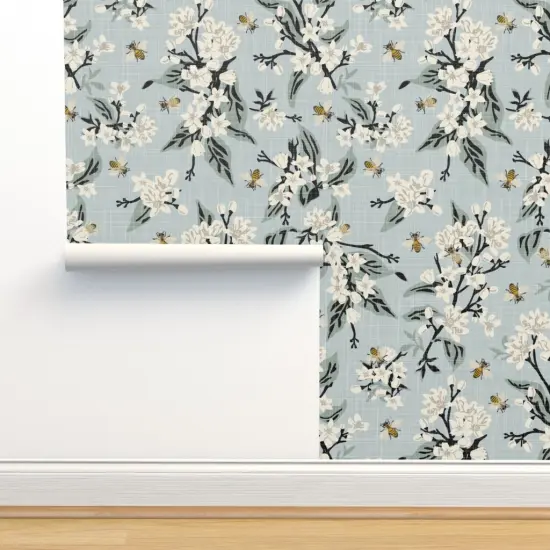 Peel & Stick Wallpaper 2FT Wide Flowers On Blue White Floral Traditional Honeybee Farmhouse Faux Texture Citrus Custom Removable Wallpaper by Spoonflower {2}