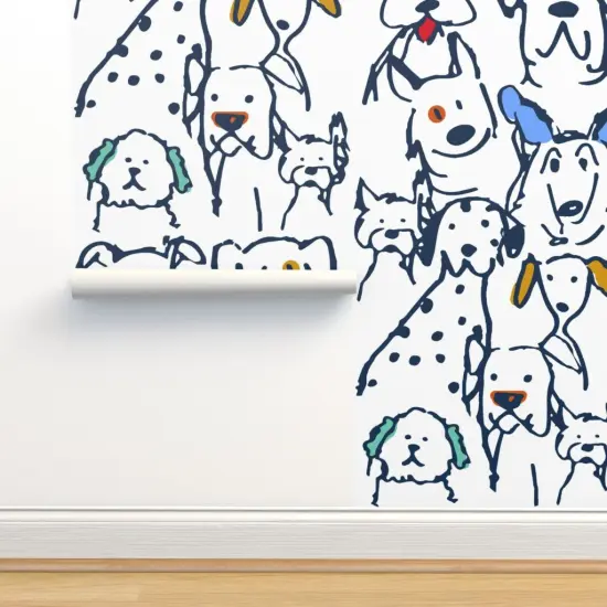 Pre-Pasted Wallpaper 2FT Wide Whimsical Dog Doodle Large Scale Pets Veterinarian Rescue Lover Hand Drawn Quirky Animals Blue Cute Custom Pre-pasted Wallpaper by Spoonflower {2}
