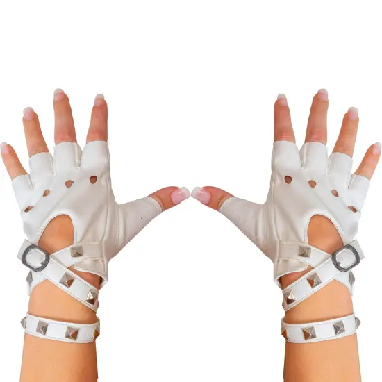 Fingerless Faux Leather Gloves - White Biker Punk Gloves with Belt Up Closure and Rivet Design for Women and Kids {1}
