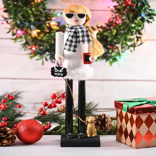 Ornativity Christmas Dog Mom Nutcracker – White and Black Wooden Nutcracker Woman with Dog on Leash and a Smartphone in Hand Xmas Themed Holiday Nut Cracker Doll Figure Decorations {3}