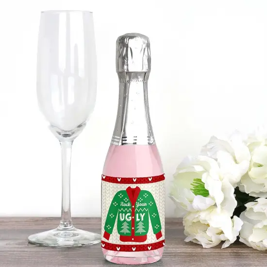 Big Dot of Happiness Ugly Sweater - Mini Wine & Champagne Bottle Label Stickers - Holiday and Christmas Party Favor Gift for Women and Men - Set of 16 {3}
