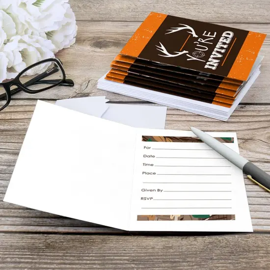 Big Dot of Happiness Gone Hunting - Fill In Deer Hunting Camo Baby Shower or Birthday Party Invitations (8 count) {6}