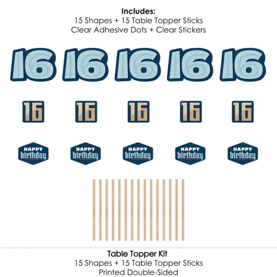 Big Dot of Happiness Boy 16th Birthday - Sweet Sixteen Birthday Party Centerpiece Sticks - Table Toppers - Set of 15 {7}