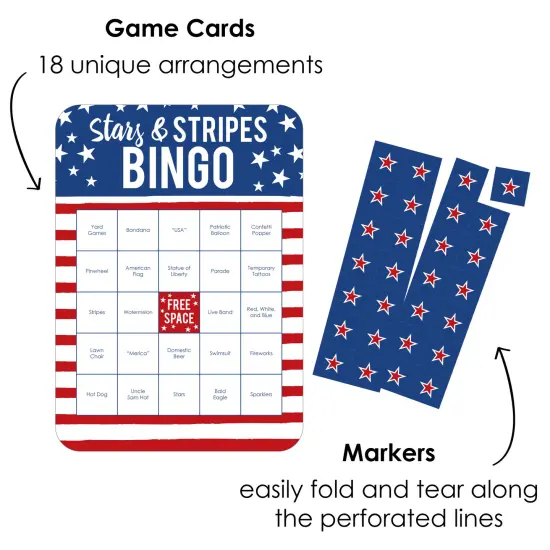 Big Dot of Happiness Stars & Stripes - Bar Bingo Cards and Markers - Patriotic Party Shaped Bingo Game - Set of 18 {3}