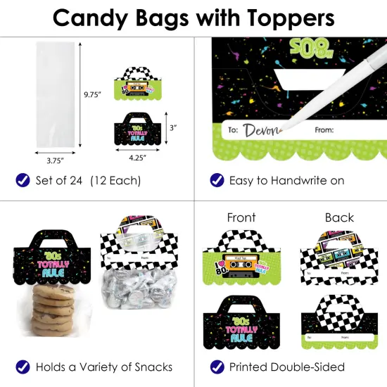 Big Dot of Happiness 80's Retro DIY Totally 1980s Party Clear Goodie Favor Bag Labels Candy Bags with Toppers Set of 24 {4}