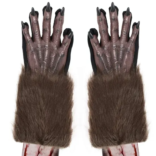 Werewolf Hand Costume Gloves - Brown Hairy Wolf Claw Hands Paws Monster Costume Accessories for Kids and Adults {1}