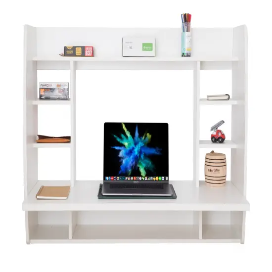 Versatile Wall Mount Floating Computer Desk - Stylish and Space-Saving Writing Study Table with Shelves - Ideal for Living Room, Bedroom, and Home Office Black {11}