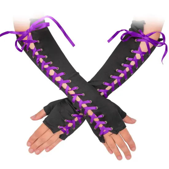 Fingerless Lace Up Gloves - Long Black Costume Elbow Arm Warmer Accessories with Purple Satin Laced Tie for Dress Up {1}
