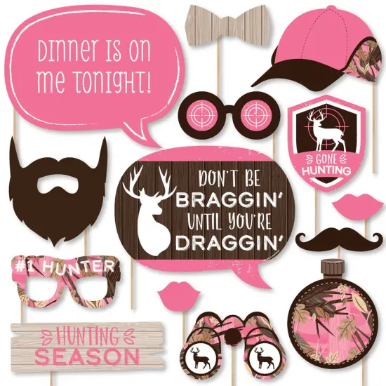 Big Dot of Happiness Pink Gone Hunting - Deer Hunting Girl Camo Baby Shower or Birthday Party Photo Booth Props Kit - 20 Count {1}
