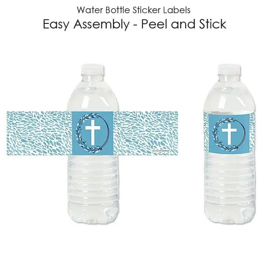 Big Dot of Happiness Blue Elegant Cross - Boy Religious Party Water Bottle Sticker Labels - Set of 20 {3}