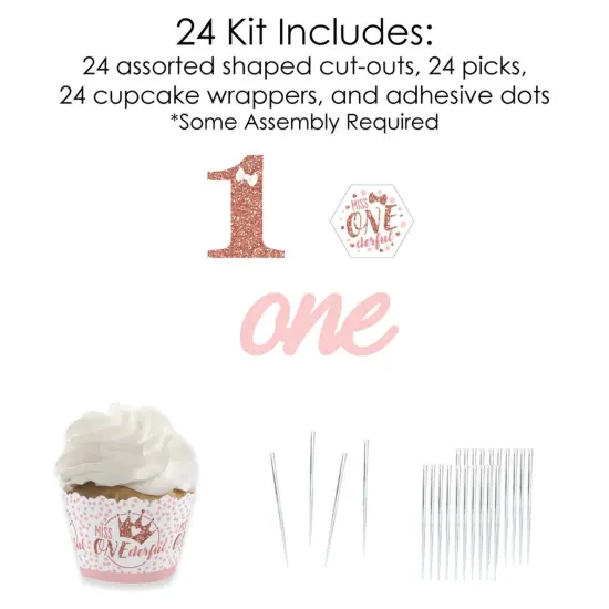 Big Dot of Happiness 1st Birthday Little Miss Onederful - Cupcake Decor - Girl First Birthday Party Cupcake Wrappers and Treat Picks Kit - Set of 24 {6}