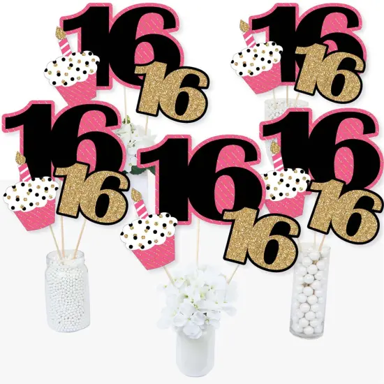 Big Dot of Happiness Chic 16th Birthday - Pink, Black and Gold - Birthday Party Centerpiece Sticks - Table Toppers - Set of 15 {3}