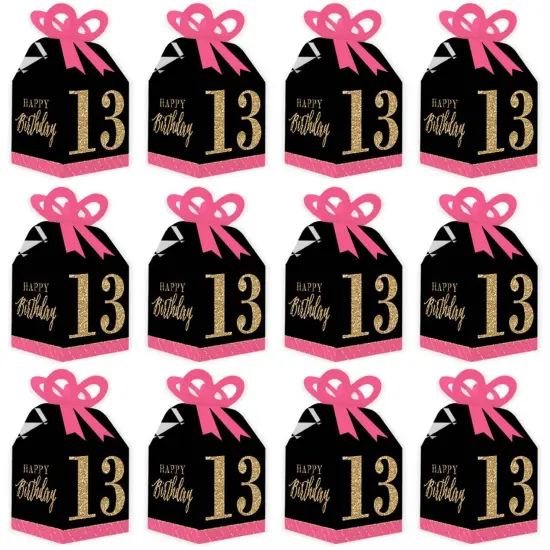 Big Dot of Happiness Chic 13th Birthday - Pink, Black and Gold - Square Favor Gift Boxes - Birthday Party Bow Boxes - Set of 12 {6}