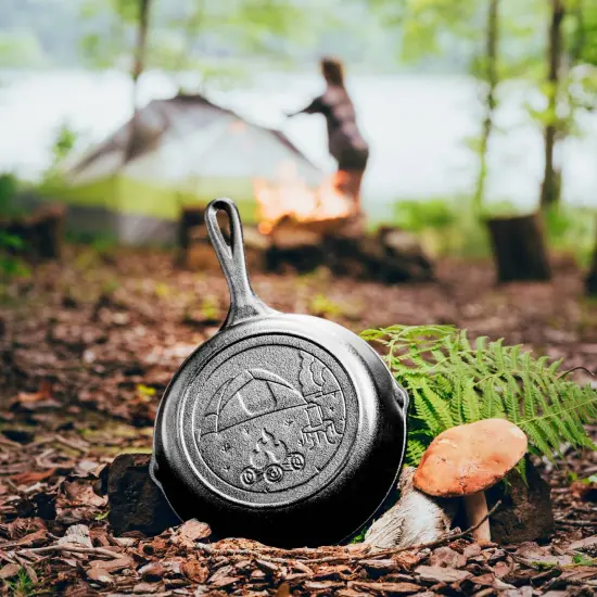 Lodge Cast Iron Cooking Skillet Seasoned Tent Scene Imprint 8 in {3}