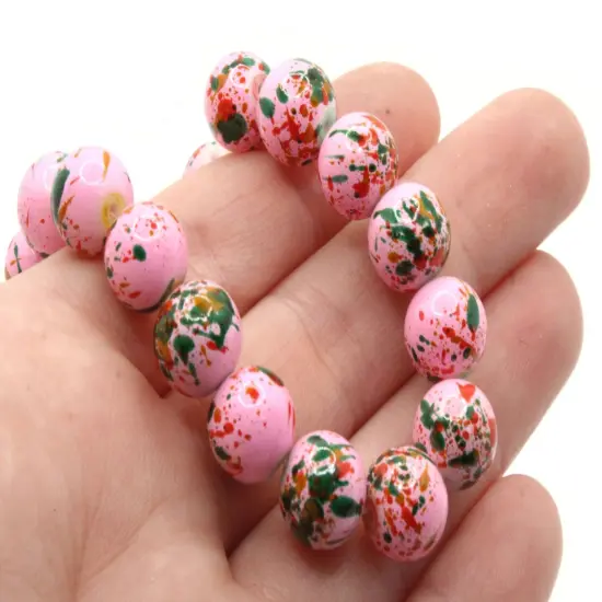 40 10mm Pink with Red and Green Splatter Paint Smooth Round Glass Beads {3}