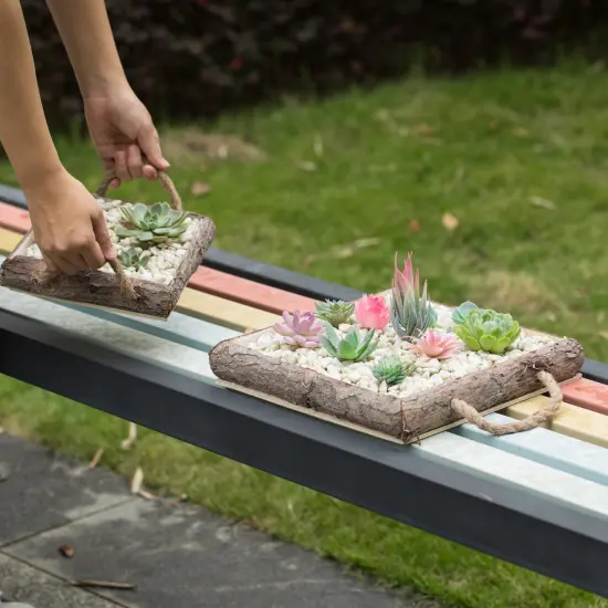 Indoor and Outdoor Set of 2 Brown Vintage Bark Square Wooden Mini Flowerpot Planter {2}