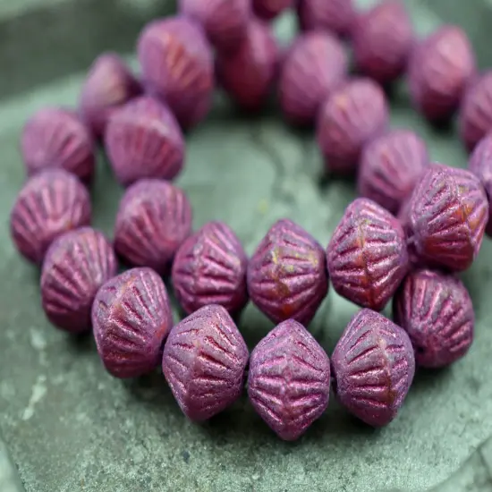 *15* 11mm Pink Washed Etched Magenta Purple Carved Bicone Beads {6}