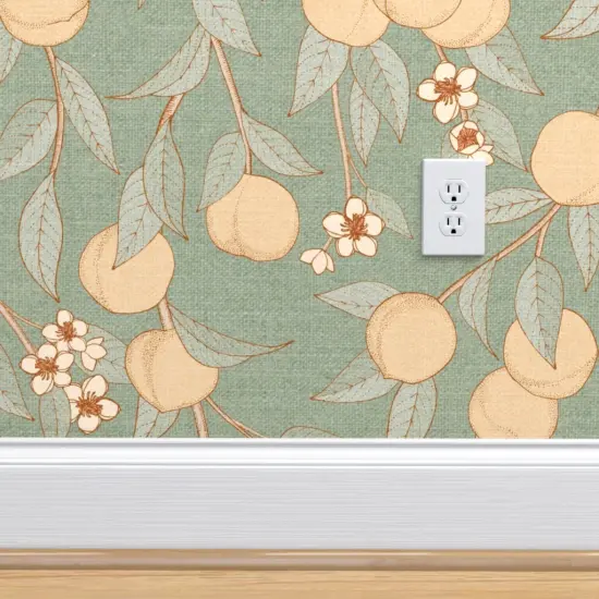 Pre-Pasted Wallpaper 2FT Wide Chinoiserie Orchard Vintage Botanical Peaches Nectarines Antique Custom Pre-pasted Wallpaper by Spoonflower {4}