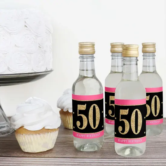 Big Dot of Happiness Chic 50th Birthday - Pink, Black and Gold - Mini Wine and Champagne Bottle Label Stickers - Birthday Party Favor Gift - Set of 16 {4}