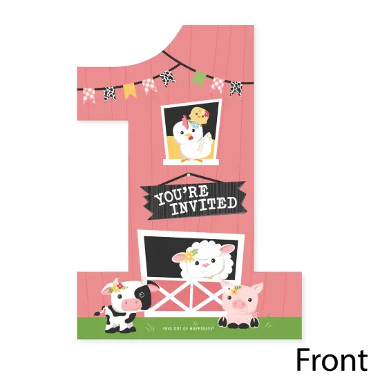 Big Dot of Happiness 1st Birthday Girl Farm Animals - Shaped Fill-In - Pink Barnyard First Birthday Party Invitation Cards with Envelopes - Set of 12 {4}
