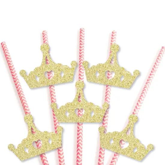 Big Dot of Happiness Gold Glitter Princess Crown Party Straws - No-Mess Real Glitter Cut-Outs & Baby Shower or Birthday Party Paper Straws - Set of 24 {4}