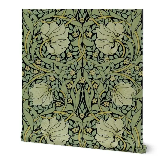 Peel & Stick Wallpaper 2FT Wide Victorian Floral Vintage Style Morris Inspired Damask Pimpernel Flowers Sage Black Custom Removable Wallpaper by Spoonflower {7}