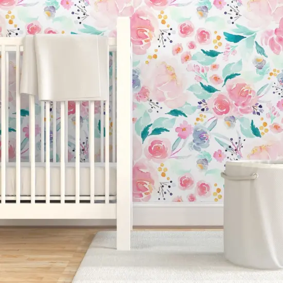 Pre-Pasted Wallpaper 2FT Wide Blooms, Mermaid Lagoon, Floral, Pink, Peach, Spring, Girls Room, Nursery Custom Pre-pasted Wallpaper by Spoonflower {7}