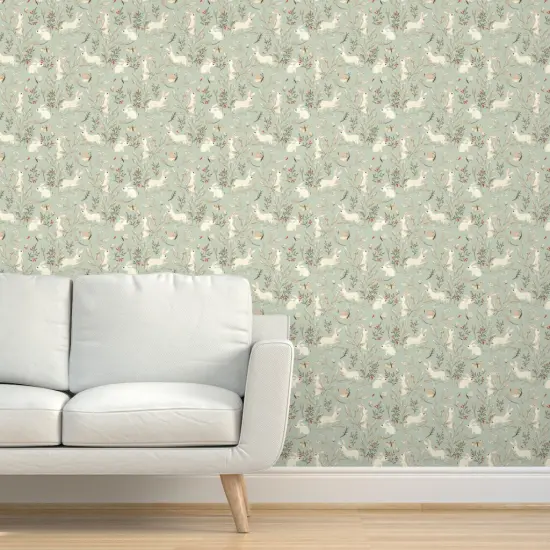 Pre-Pasted Wallpaper 2FT Wide Whimsical Bunnies Easter Bunny Woodland Animals Forest Butterflies Sage Green Custom Pre-pasted Wallpaper by Spoonflower {5}
