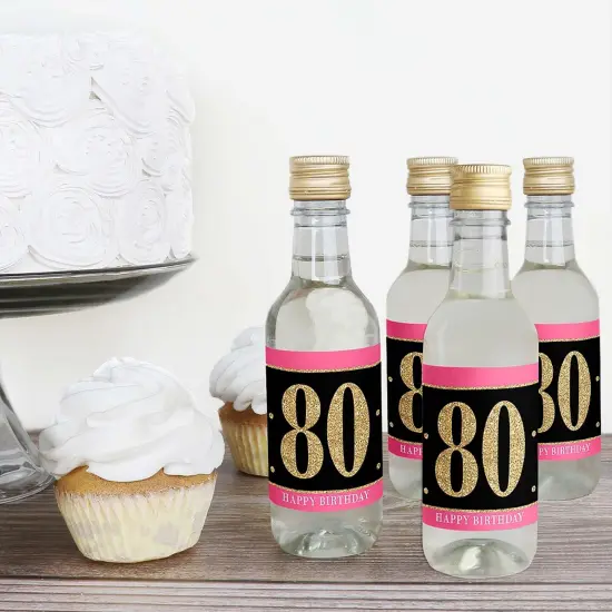 Big Dot of Happiness Chic 80th Birthday - Pink, Black and Gold - Mini Wine and Champagne Bottle Label Stickers - Birthday Party Favor Gift - Set of 16 {4}