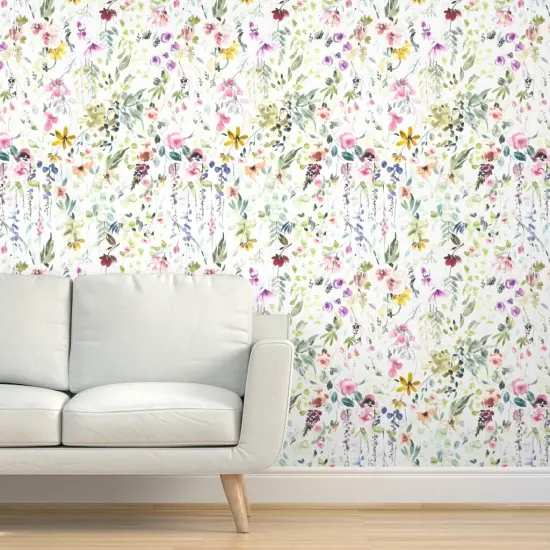 Peel & Stick Wallpaper 2FT Wide Spring Florals Wildflower Pastel Flower Blooms Watercolor Botanical Whimsical Girl Custom Removable Wallpaper by Spoonflower {5}