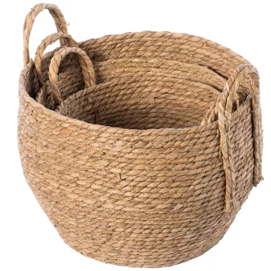 Decorative Round Wicker Woven Rope Storage Blanket Basket with Braided Handles {5}