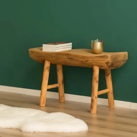 Rustic Carved Wood Natural Edge Entryway Log Accent Bench {2}