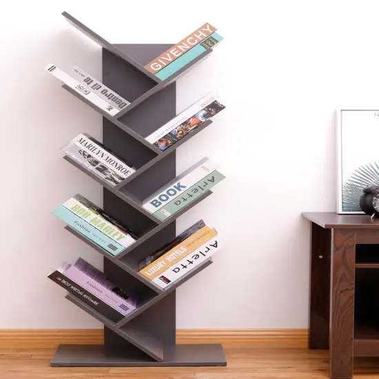 Wooden 9-Shelf Tree Magazine CD Storage Bookcase Gray {2}