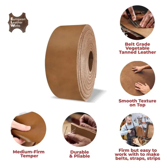 ELW Vegetable Tanned 8-9 oz. (3.2-3.6mm) Straps, Belts, Strips Length50" (127cm) - Full Grain Veg Tan Leather Cowhide Heavy DIY Craft - Holsters, Belt Blanks, Furniture, Stamping {3}