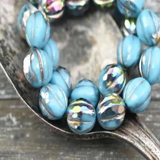 *12* 10mm Metallic Beige Washed Opaque Sky Blue AB Faceted Round Melon Beads {1}