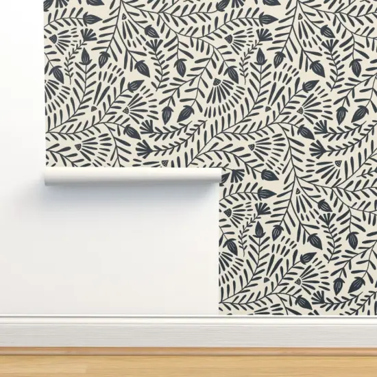 Pre-Pasted Wallpaper 2FT Wide Folk Vines Floral Beige Deep Navy Simple Nature Botanical Farmhouse Custom Pre-pasted Wallpaper by Spoonflower {2}